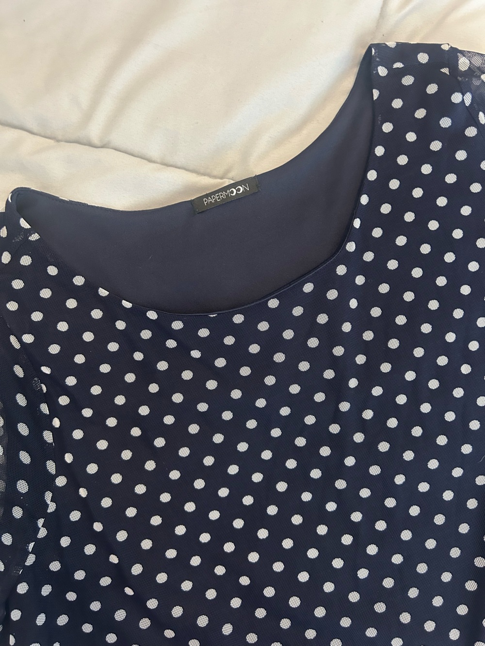 2X Navy and White Polka Dot Sheer Sleeve Blouse
